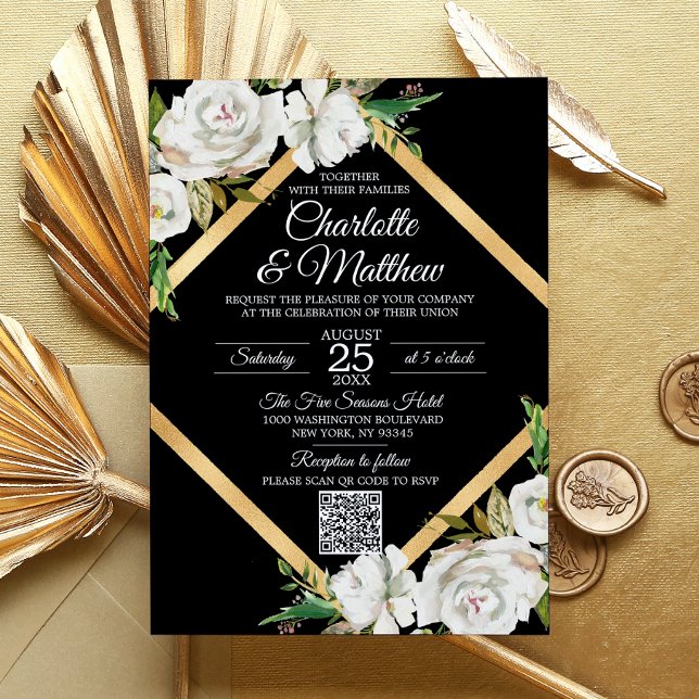 Invitation Aquarelle Blanc Noir Or Floral Mariage Code QR (Watercolor White Black Gold Floral Wedding QR code Invitation)