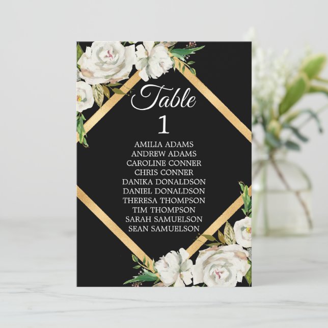 Invitation Aquarelle Blanc Noir Or Mariage Floral (Debout devant)