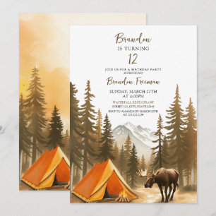 Invitation Aquarelle Blanc Rustique Bois Camping Anniversaire