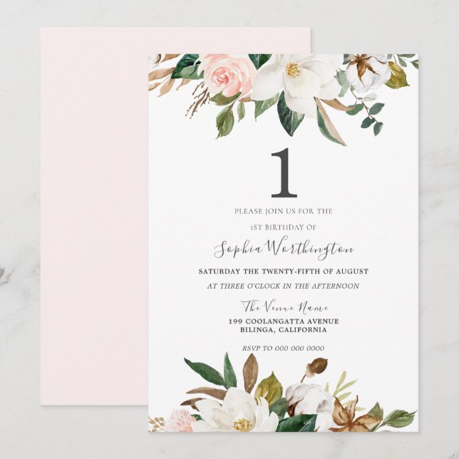 Invitation Aquarelle blanche et blanche Floral 1er anniversai (Devant / Derrière)