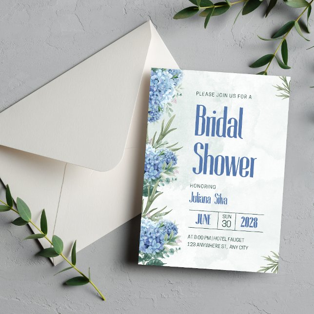 Invitation Aquarelle blanche et bleue Fête des mariées floral (Créateur téléchargé)