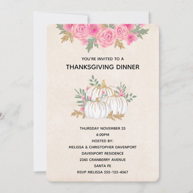 Invitation Aquarelle blanche et or Citrouille Thankesgiving (Devant)