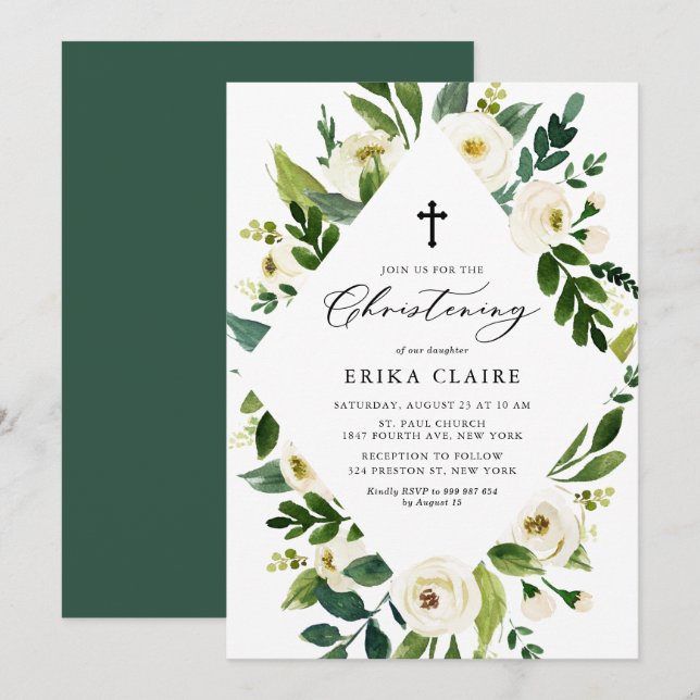 Invitation Aquarelle blanche Feuilles floraux Cadre Christeni (Devant / Derrière)