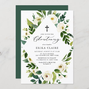 Invitation Aquarelle blanche Feuilles floraux Cadre Christeni