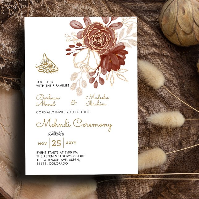 Invitation Aquarelle blanche Floral Russe Or Musulman Mehndi (Créateur téléchargé)