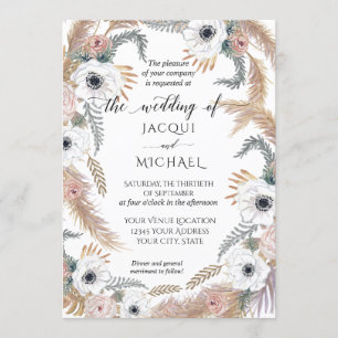 Invitation Aquarelle blanche Florale BOHO Pampas Grass Tropic