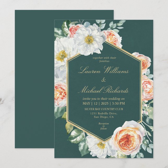 Invitation Aquarelle blanche foncée sur mesure Mariage floral (Devant / Derrière)
