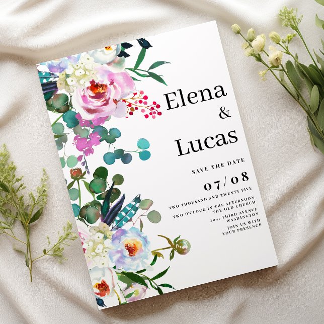 Invitation Aquarelle blanche menthe rose mariage floral (Watercolor white pink mint peony floral wedding)