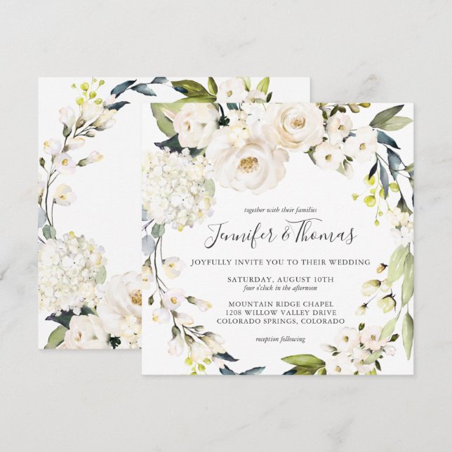 Invitation Aquarelle blanche neutre Mariage de couronnes flor (Devant / Derrière)