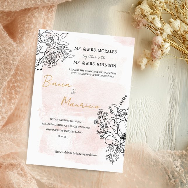 Invitation Aquarelle blanche & Noir Floral Mariage élégant (Blush Watercolor & Black Floral Elegant Wedding Invitation)