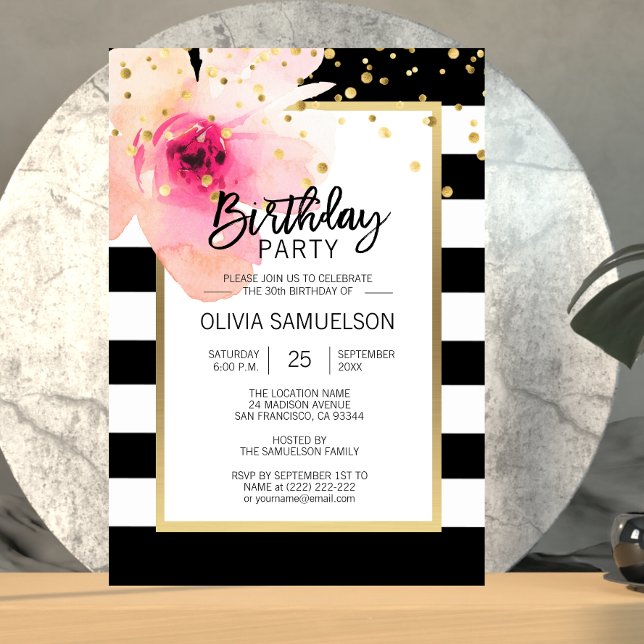 Invitation Aquarelle blanche noire rose Floral fête d'anniver (Créateur téléchargé)
