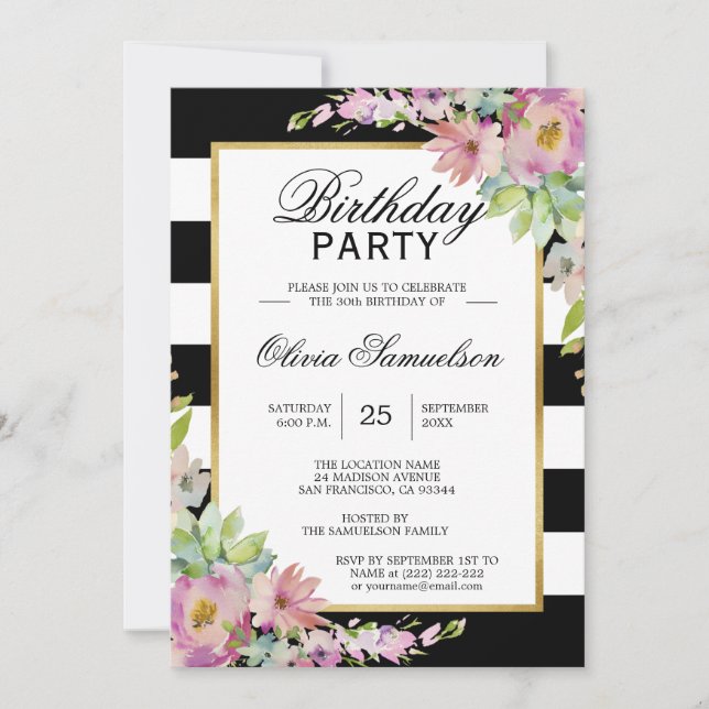 Invitation Aquarelle blanche noire rose Floral fête d'anniver (Devant)