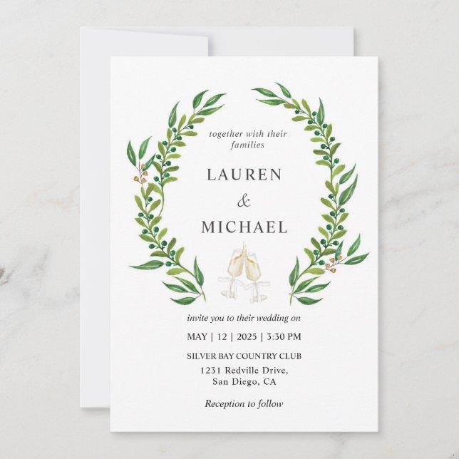 Invitation Aquarelle blanche personnalisée Mariage vert (Devant)