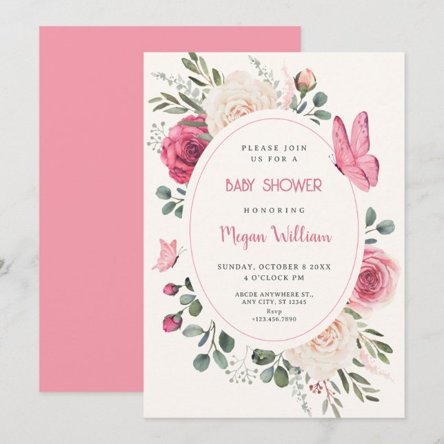 Invitation Aquarelle blanche rose baby shower Rose (Devant / Derrière)