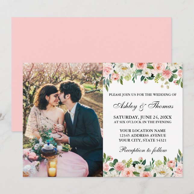 Invitation Aquarelle blanche rose Mariage photo (Devant / Derrière)