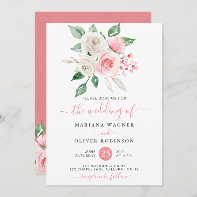 Invitation Aquarelle blanche rose moderne Mariage floral (Devant / Derrière)