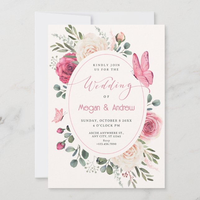 Invitation Aquarelle blanche rose Rose mariage (Devant)
