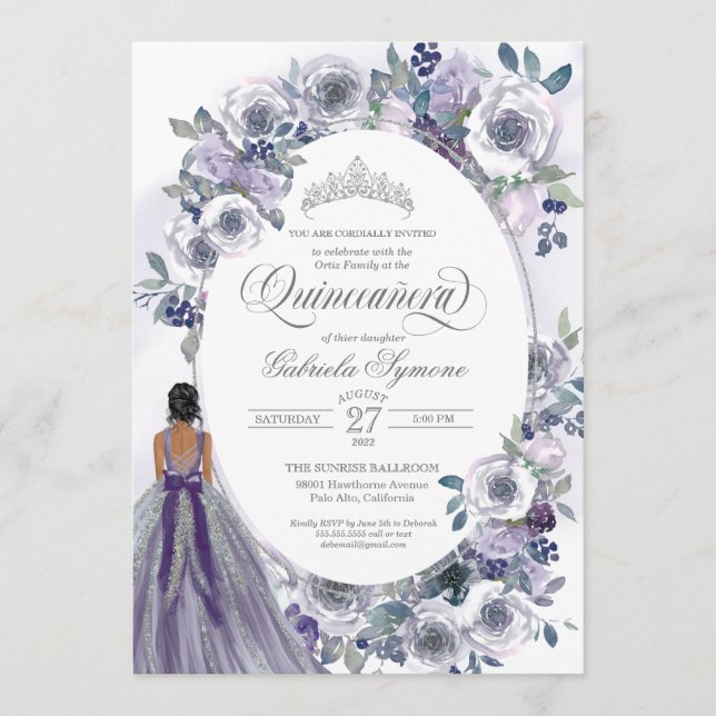 Invitation Aquarelle blanche violette argentée Quinceanera (Devant)