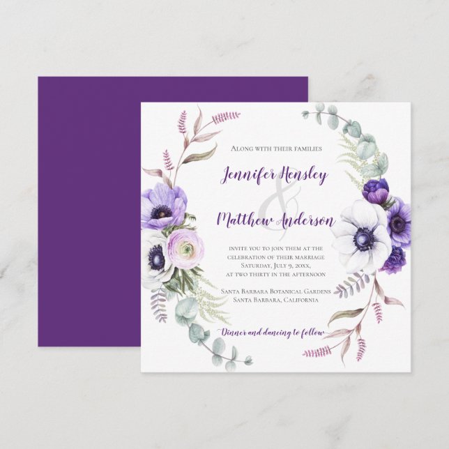 Invitation Aquarelle blanche violette Lavande Carré floral | (Devant / Derrière)