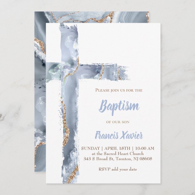 Invitation aquarelle bleu agate cross Baptême (Devant / Derrière)
