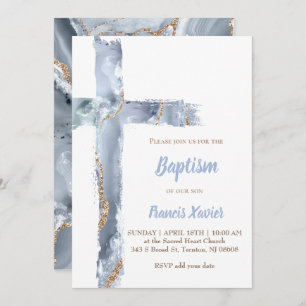 Invitation aquarelle bleu agate cross Baptême