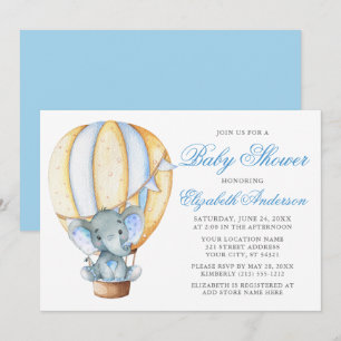 Invitation Aquarelle Bleu Air Balloon Eléphant Baby shower