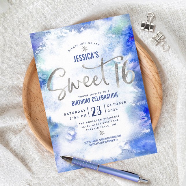 Invitation Aquarelle bleu argent doux 16 Anniversaire moderne (Créateur téléchargé)