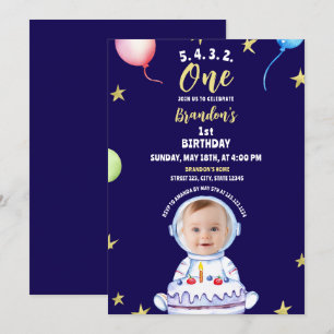 Invitation Aquarelle bleu Astronaut avec gâteau 1er anniversa