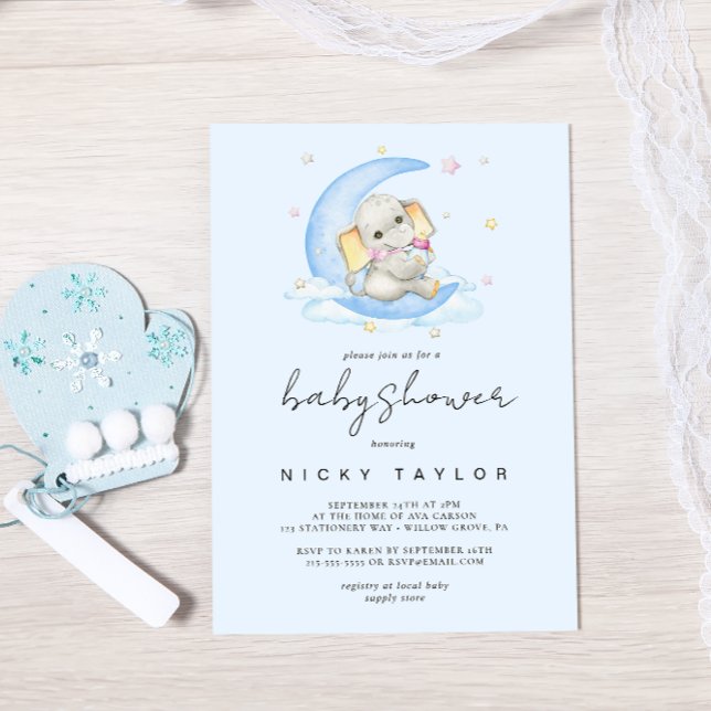Invitation Aquarelle bleu Baby shower Eléphant mou (Créateur téléchargé)