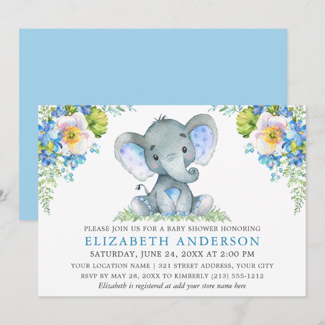 Invitation Aquarelle Bleu Baby shower Floral Eléphant (Devant / Derrière)