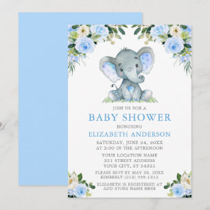 Invitation Aquarelle Bleu Baby shower Floral Eléphant