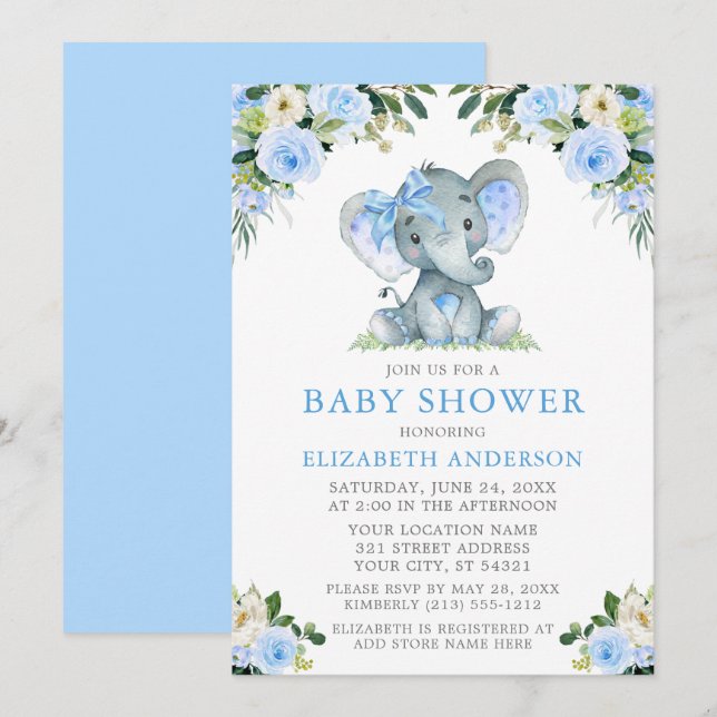 Invitation Aquarelle Bleu Baby shower Floral Eléphant Argent (Devant / Derrière)
