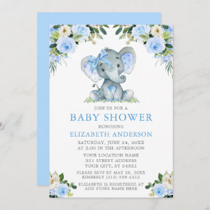 Invitation Aquarelle Bleu Baby shower Floral Eléphant Argent