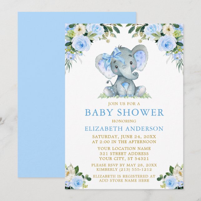 Invitation Aquarelle Bleu Baby shower Floral Elephant Bow (Devant / Derrière)
