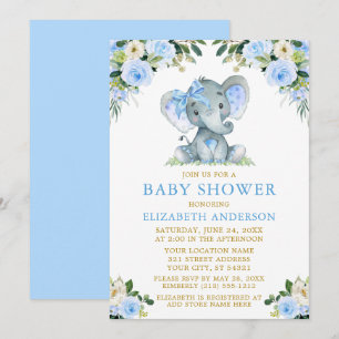Invitation Aquarelle Bleu Baby shower Floral Elephant Bow