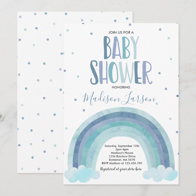 Invitation Aquarelle bleu Baby shower Rainbow Rainbow (Devant / Derrière)