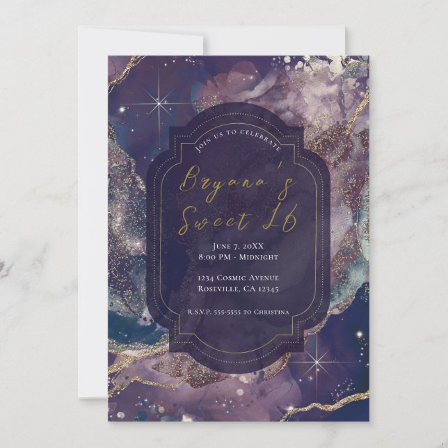 Invitation Aquarelle bleu Berry Or Celestial Sweet 16 (Devant)