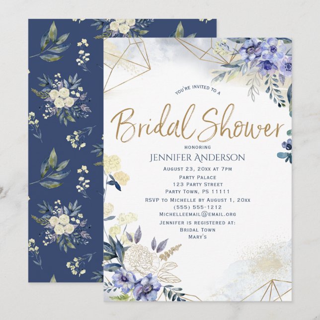 Invitation Aquarelle bleu blanc or Fête des mariées florale (Devant / Derrière)