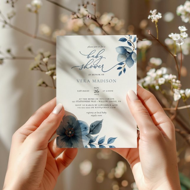 Invitation Aquarelle bleu bleu bleu foncé Baby shower d'hiver (Créateur téléchargé)