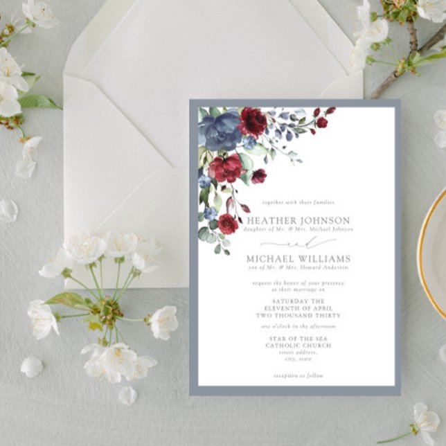 Invitation Aquarelle bleu-bleu-bordeaux formelle Florale (Créateur téléchargé)