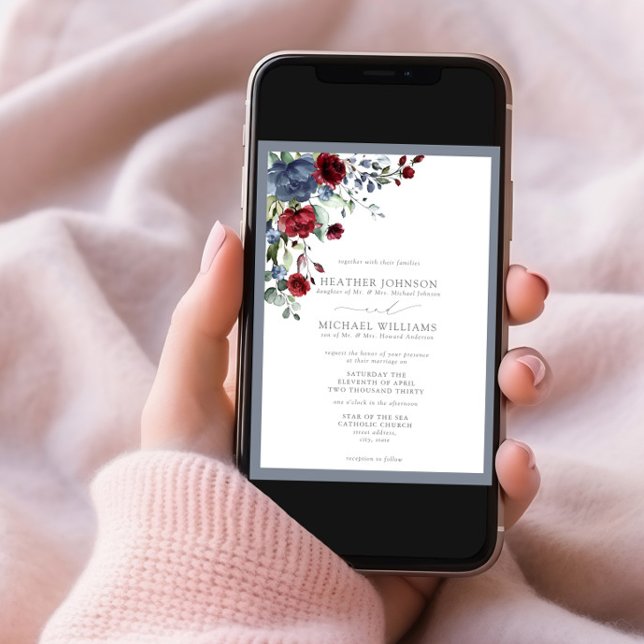 Invitation Aquarelle bleu-bleu-bordeaux formelle Florale (Créateur téléchargé)