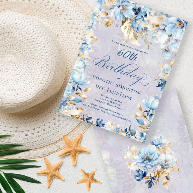 Invitation Aquarelle bleu-bleu clair Floral 60e anniversaire (Créateur téléchargé)