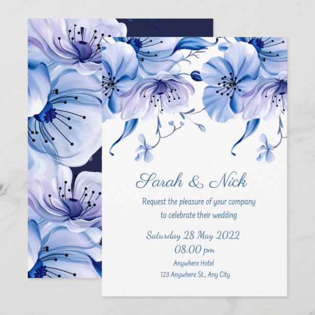 Invitation aquarelle bleu bleu floral bleu marine    weddingi (Devant / Derrière)