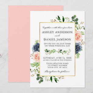 Invitation Aquarelle bleu bleu foncé Rose Mariage vert