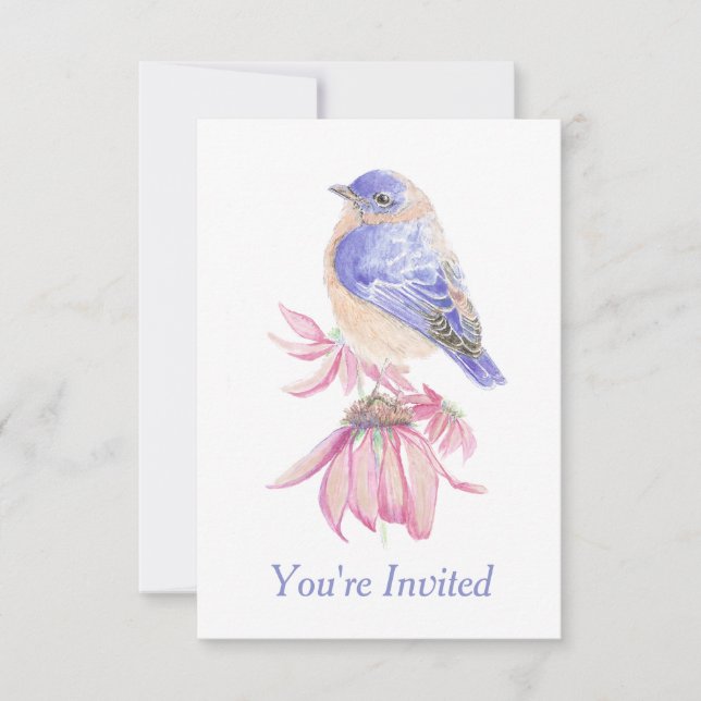 Invitation Aquarelle Bleu Bleu Oiseau de l'Est (Devant)