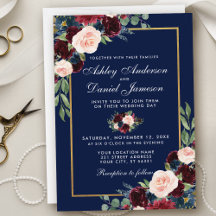 Aquarelle bleu Bourgogne Floral Mariage or