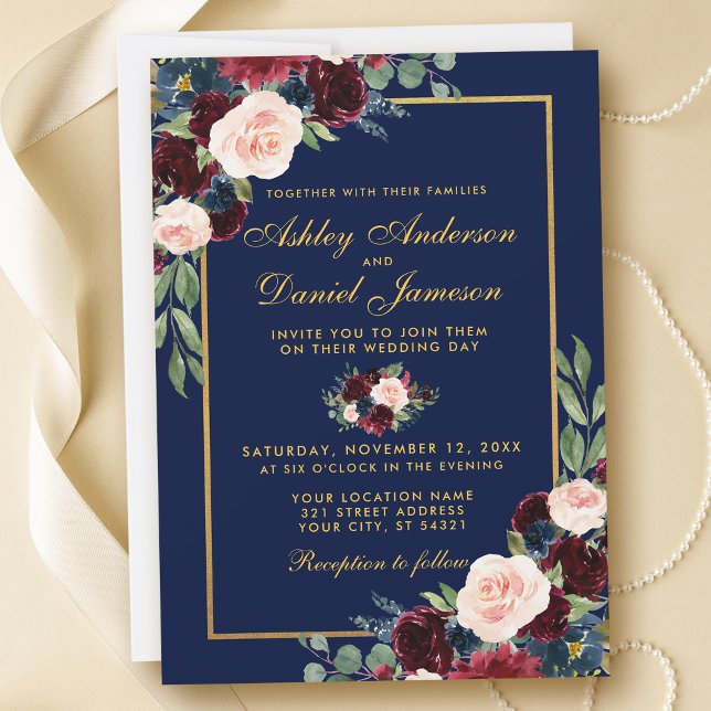 Invitation Aquarelle Bleu Bourgogne Floral Mariage Or (Customize to change text style, add text & photos to back or change color of back of card.)