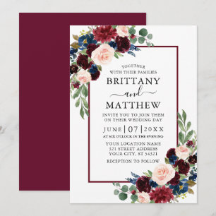 Invitation Aquarelle bleu Bourgogne Mariage floral mixte