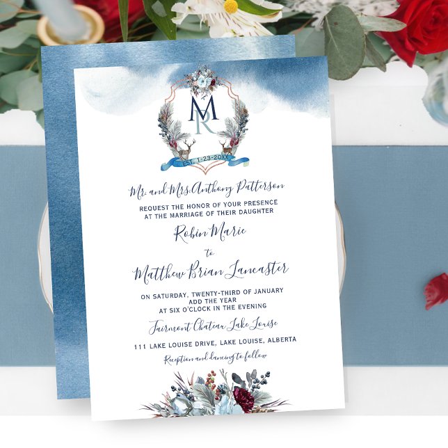 Invitation Aquarelle Bleu Bourgogne Violet Floral et Cimier (Créateur téléchargé)