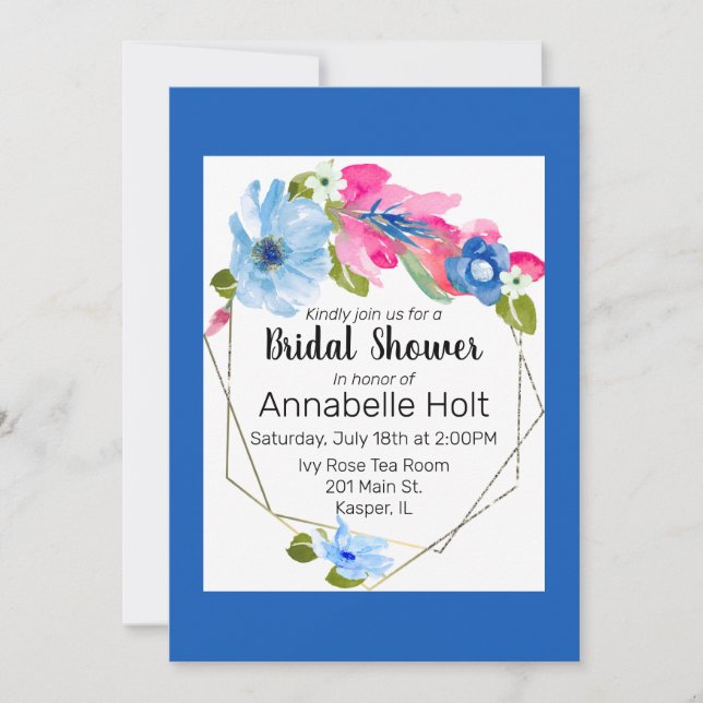 Invitation Aquarelle Bleu chaud rose chaud Floral Or Frame (Devant)